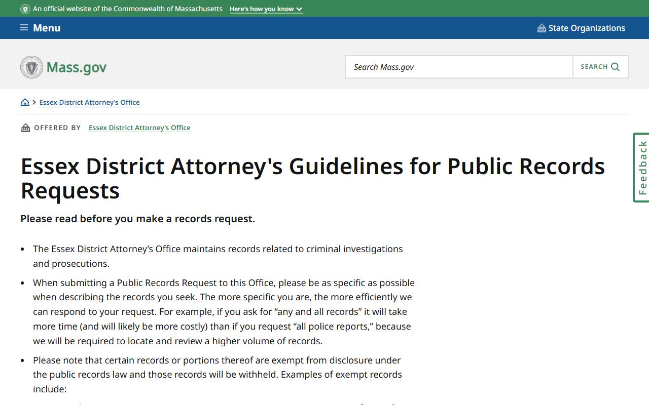 Essex District Attorney public records guidelines for DUI OUI records in Essex County