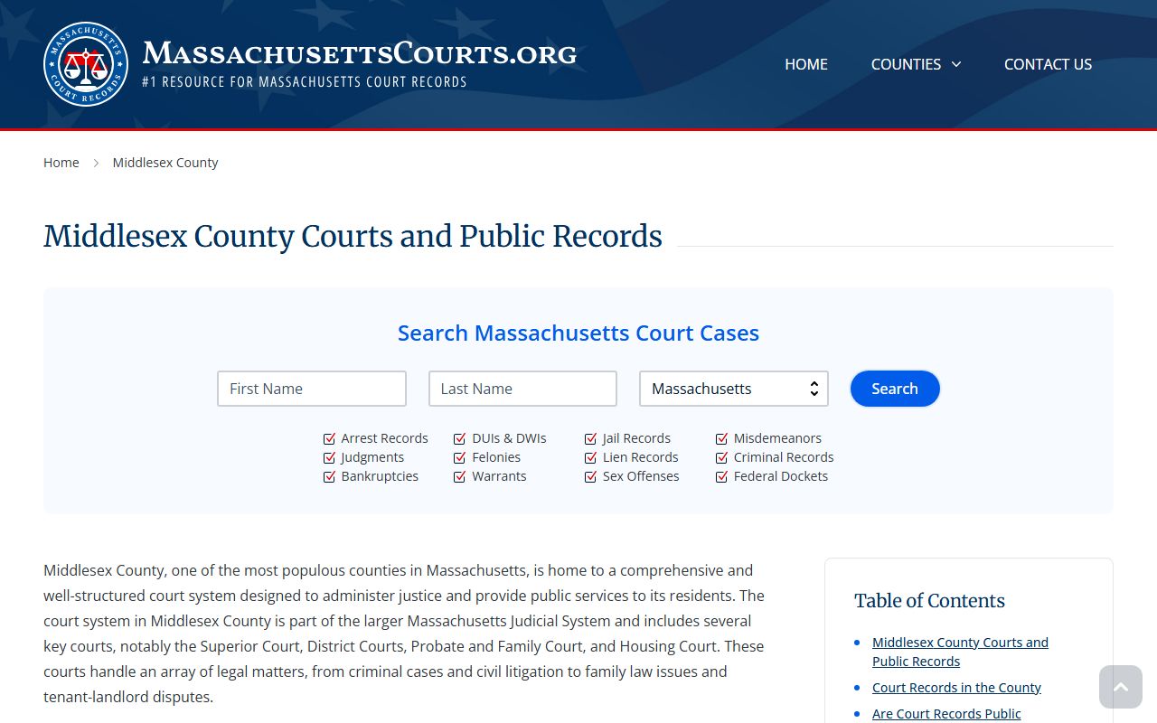 Middlesex County courts directory listing for DUI OUI record searches