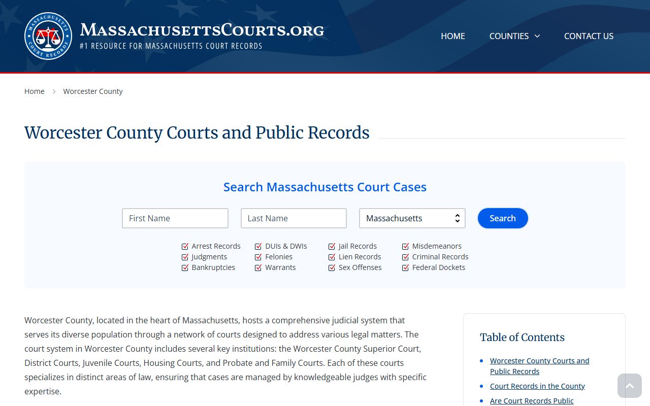 Worcester County courts overview for DUI OUI records research