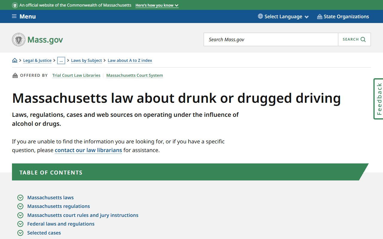 Massachusetts law about drunk driving page for DUI OUI records reference