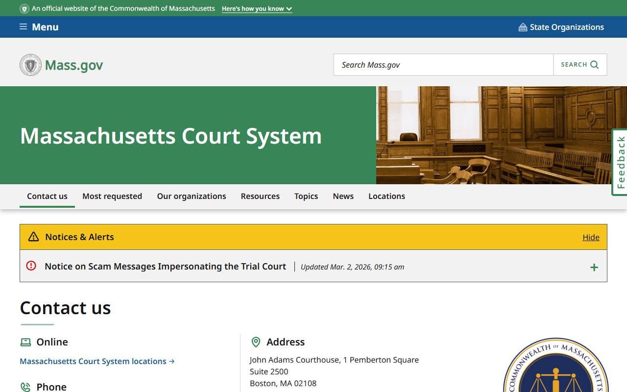 Massachusetts Court System homepage showing courts that handle DUI OUI records