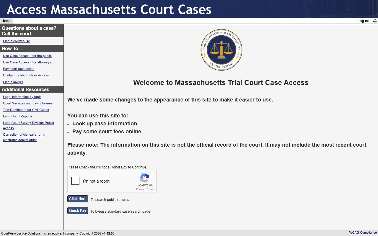 Massachusetts Trial Court Case Access portal for DUI OUI records search