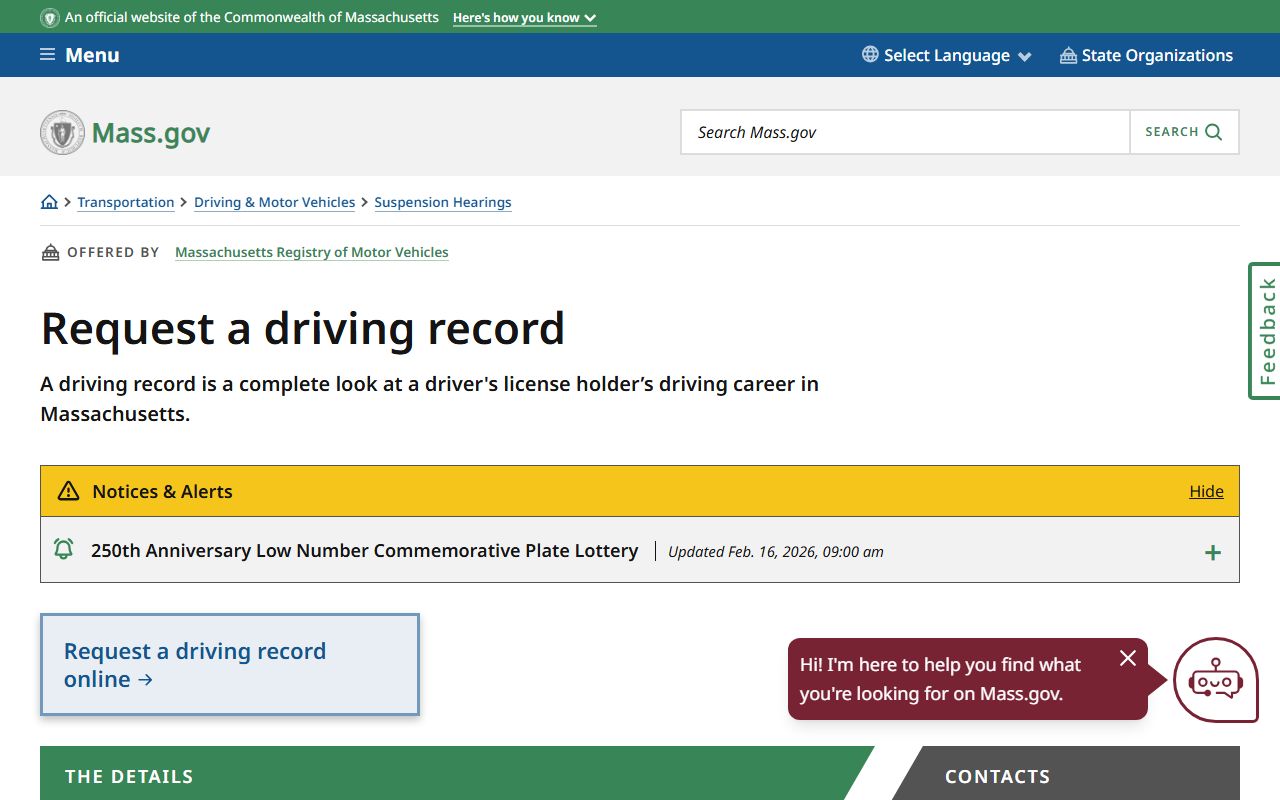 Massachusetts RMV request a driving record portal for OUI DUI records